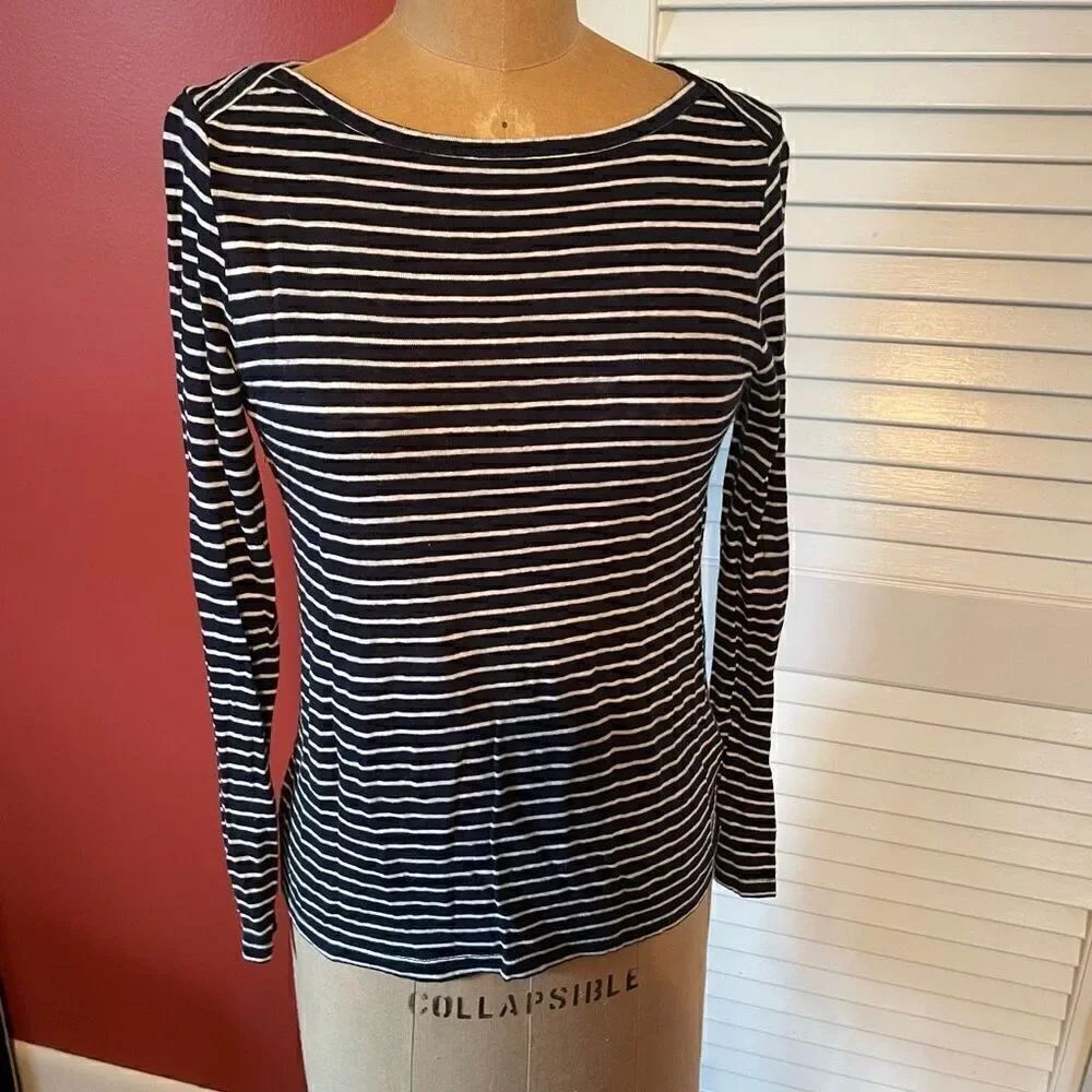 J CREW | navy & white striped linen boat neck long sleeve t XS